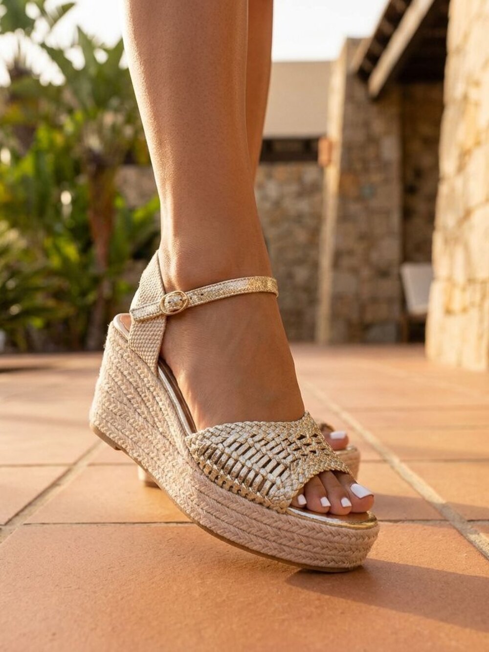 KAYLEEN By Los Angeles Gold Woven Espadrille Wedge Sandals